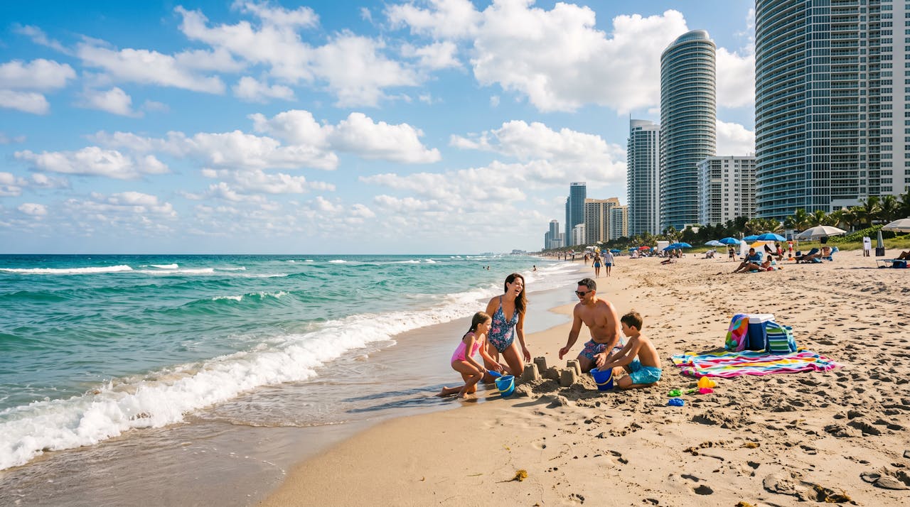 Family building sandcastles on Hallandale Beach, Florida