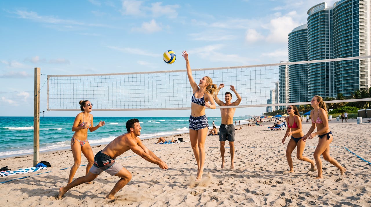 Friends playing beach volleyball on Hallandale Beach