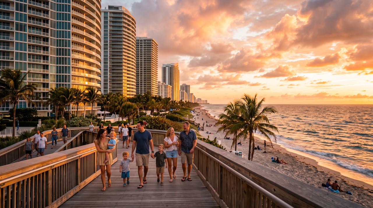 Golden hour on the Hallandale Beach boardwalk, 1.5 miles from the rental house